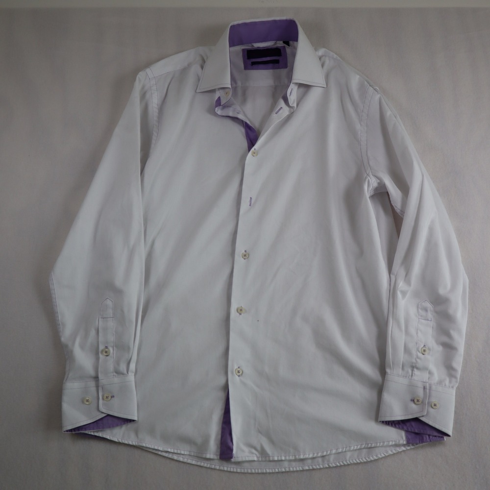 Martin Gordon Shirt Large White Long Sleeve Contemporary Fit Purple Trim Accent - Picture 3 of 9